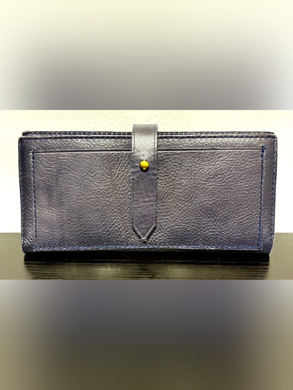 Madewell Dark Blue Leather Continental Wallet Button Stud Zip Pocket